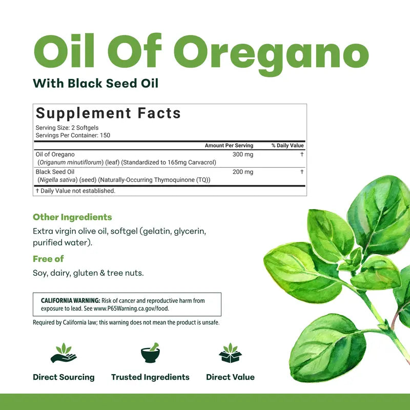 Micro Ingredients Oregano Oil with Black Seed Oil, 150/300 Softgel, 4X Strength Carvacrol & Thymoquinone | Plant Based, Non-Gmo