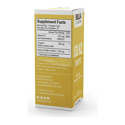 Bella All Natural D3 K2 Drops Organic Omega 3 MCT Oil 50Ml Supplement for Daily Health Needs