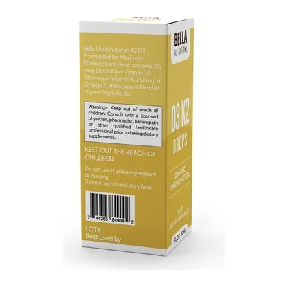 Bella All Natural D3 K2 Drops Organic Omega 3 MCT Oil 50Ml Supplement for Daily Health Needs
