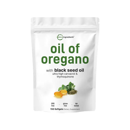 Micro Ingredients Oregano Oil with Black Seed Oil, 150/300 Softgel, 4X Strength Carvacrol & Thymoquinone | Plant Based, Non-Gmo