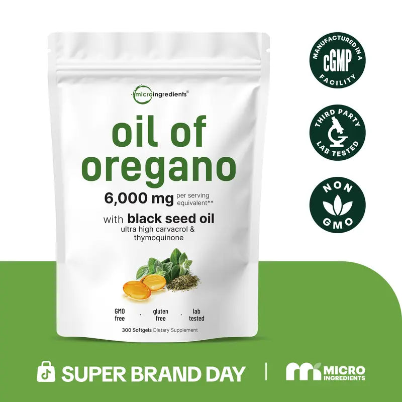 Micro Ingredients Oregano Oil with Black Seed Oil, 150/300 Softgel, 4X Strength Carvacrol & Thymoquinone | Plant Based, Non-Gmo