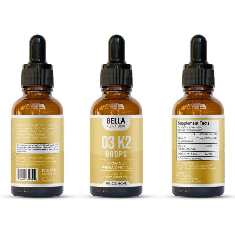 Bella All Natural D3 K2 Drops Organic Omega 3 MCT Oil 50Ml Supplement for Daily Health Needs